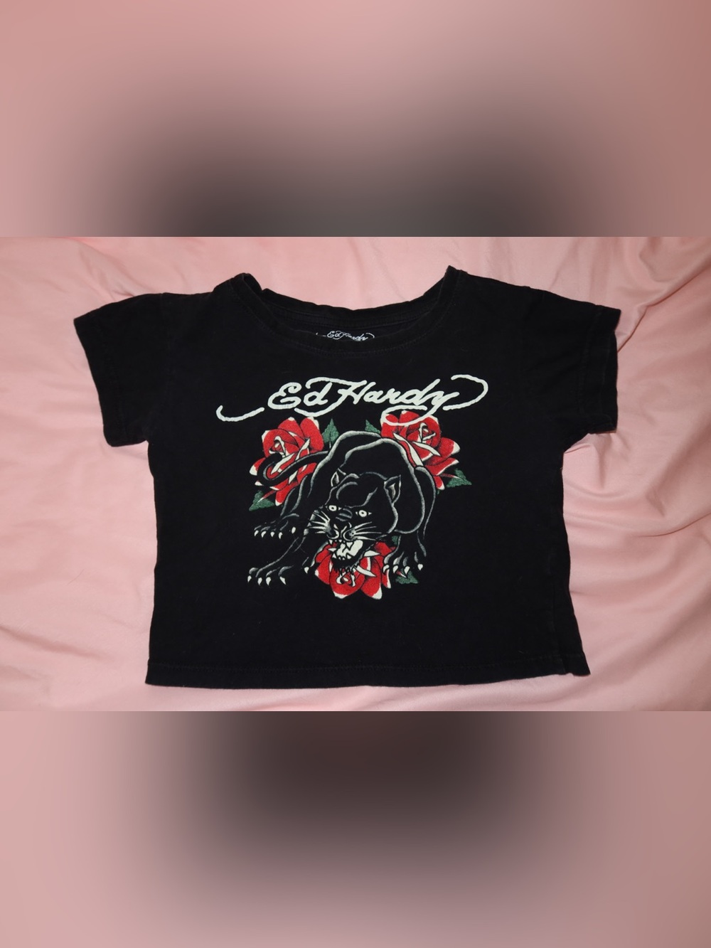 Ed Hardy Black Cropped Tee with Red Rose & Panther Print